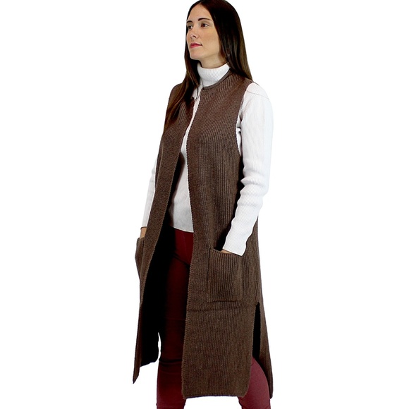 Knitted Long Vest w/Pocket Cardigan Sweater Coat - Picture 4 of 5